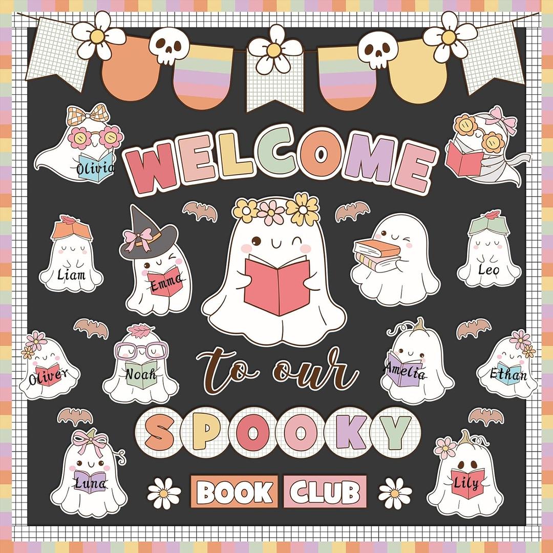 Pasimy Welcome Halloween Bulletin Board Set Cute Ghost Reading Classroom Decorations Pastel Boho Spooky Ghost Paper Cutouts for Halloween Door Wall Decor School Office Home Supplies