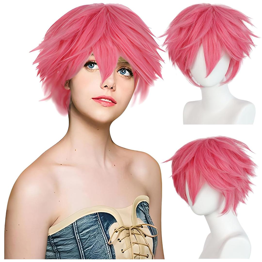 Pink Anime Wig Short Layered Pink Cosplay Wig Unisex Heat Resistant Synthetic Hair for Halloween Party Costume