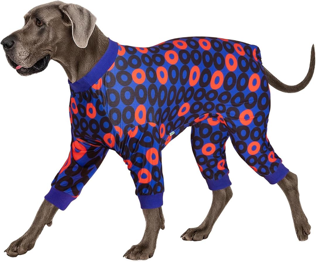 LovinPet Dog Pjs for Extra Large Dogs Anti Licking Anxiety Calming Big Dog Pajamas,Lightweight Stretchy Fabric,Ring Print,Jammies for Large Dogs,Pitbull Party Clothes,Big Dog Costume XXXL