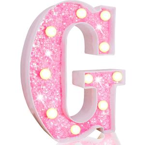 Pooqla LED Marquee Letter Lights, Light Up Pink Letters Glitter Alphabet Letter Sign Battery Powered for Night Light Birthday Party Wedding Girls Gifts Home Bar Christmas Decoration, Pink G (Warm White)