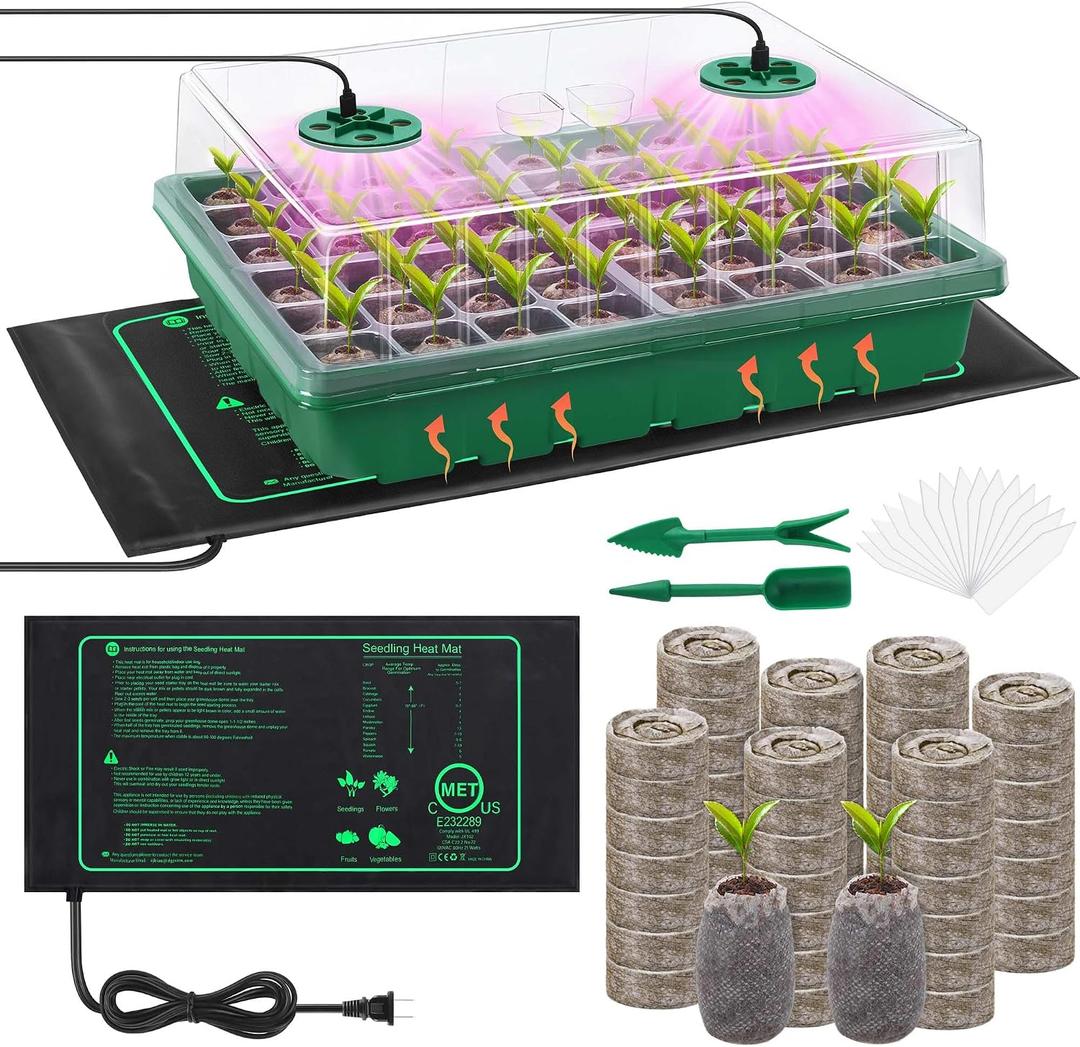 Hahood Seed Starter Kit with Grow Light Seedling Heat Mat 48 Cells Seed Starter Tray with Humidity Dome and Base Germination Trays Plastic Growing Trays Plant Propagation Kit for Seed Starting, Green