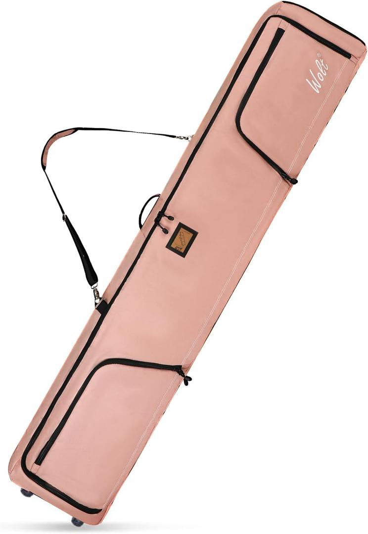 WOLT Rolling Ski Bag,Padded Snowboard Bag with Wheels for Air Travel, Fit to Double Pairs of Skis up to 175cm (Lightpink)