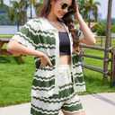 Moreone 2 Piece Lounge Set Women Short Sleeve Striped Crochet Knit Sets Two Piece Button Up Pajamas with Drawstring Shorts (Green, S)