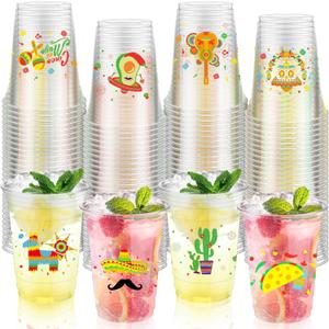 Kochorie 120 Pieces 16 oz Mexican Fiesta Plastic Cups Clear Disposable Cups with Double-sided Different Patterns Cinco De Mayo Drinkware Party Supplies Fiesta Taco Birthday Decorations, 4 Styles