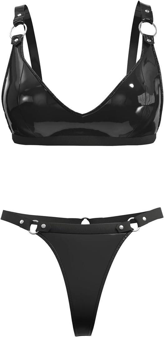 Women Sexy Leather Lingerie Set, High-Elastic Shorts, Glossy, Shiny Shaping Latex Bra Adjustable (XX-Large, Black)
