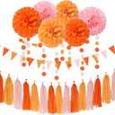 Pink-Orange Groovy Party-Decorations Pom-Poms Streamers - 23pcs Fall Autumn Thanksgiving Harvest Tissue Tassel Garland Banner,Birthday Baby Bridal Shower Engagement Wedding Decor Lasting Surprise
