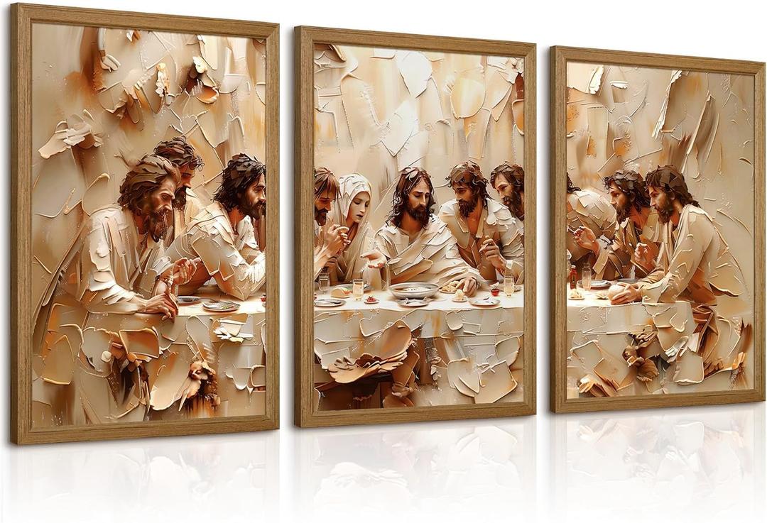 The Last Supper Wall Art Painting Jesus Christian Canvas Wall Decor Religious Bible Posters Jesus Christian Artwork Catholic Art Last Supper Picture for Dining Room Living Room 16x24 Inch Framed 3Pcs