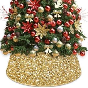 FUHSY Gold Christmas Tree Collar 28.8 Inch Luxury Sparkling Christmas Tree Skirts for Artificial Trees Xmas Tree Base Cover Large Velvet Tree Stand Collars for Holiday Merry Christmas Decoration