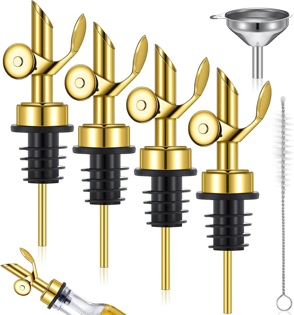 Tioncy 4 Pieces Weighted Stainless Steel Pourers Olive Oil Spout Olive Oil Dispenser Spout Automatic Opening and Closing with Funnel and Brush for Pouring Wine Syrup Kitchen(Gold)
