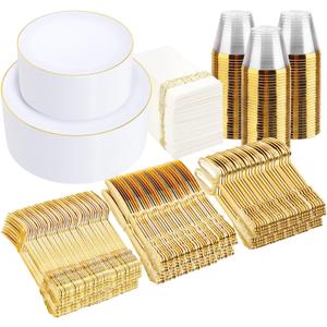 I00000 700Pcs Gold Dinnerware Set for 100 Guests,Plastic Plates for Party,Include:100 Dinner Plates,100 Dessert Plates,100 Paper Napkins,100 Cups,100 Gold Plastic Silverware Set for Wedding and Party