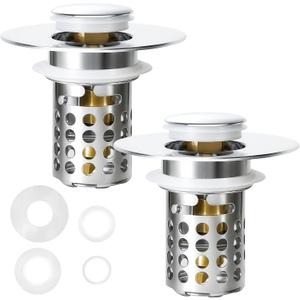 3 x BOTEMY 3 in 1 Bathroom Sink Drain Strainer,Brass Bullet Core Pop Up Sink Stopper with Removable Stainless Steel Drain Basket Hair Catcher,Sink Stopper for 1.02"-0.2" Drain Holes,2 PCS