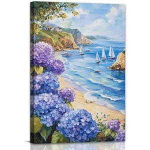 Coastal Canvas Wall Art Hydrangea Pictures Wall Decor Beach Landscape Paintings Seascape Poster Prints for Living Room Bedroom Bathroom Decor Framed(Ocean-1,16.00" x 24.00")