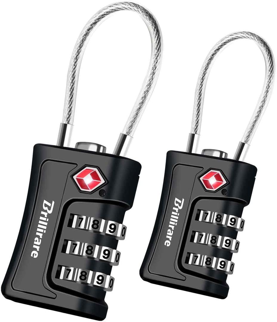 2 Pack TSA Approved Luggage Locks, Combination Travel Cable Padlock, 3-Digit Waterproof Lock, TSA Accepted Outdoor Keyless Resettable Lock for Lockers, Bags, Gym, Gate-Black