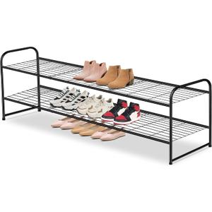 AOODA Long 2 Tier Shoe Rack for Closet Metal Wide Stackable Shoe Storage Organizer for Entryway, Bedroom, Floor, 18-Pairs Low Shoe Shelf, Black (11.4 x 42.7 x 18.7)