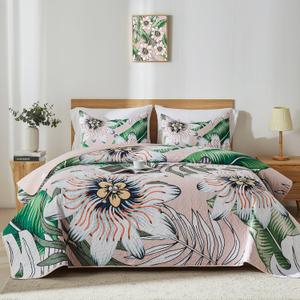 Queen Quilt Bedding Set,White Green Botanical Pattern Blush Full/Queen Quilt Set,3 Piece Lightweight Soft Summer Bedspread Coverlet with 2 PIillow Shams,All Season(Blush,90"x96")