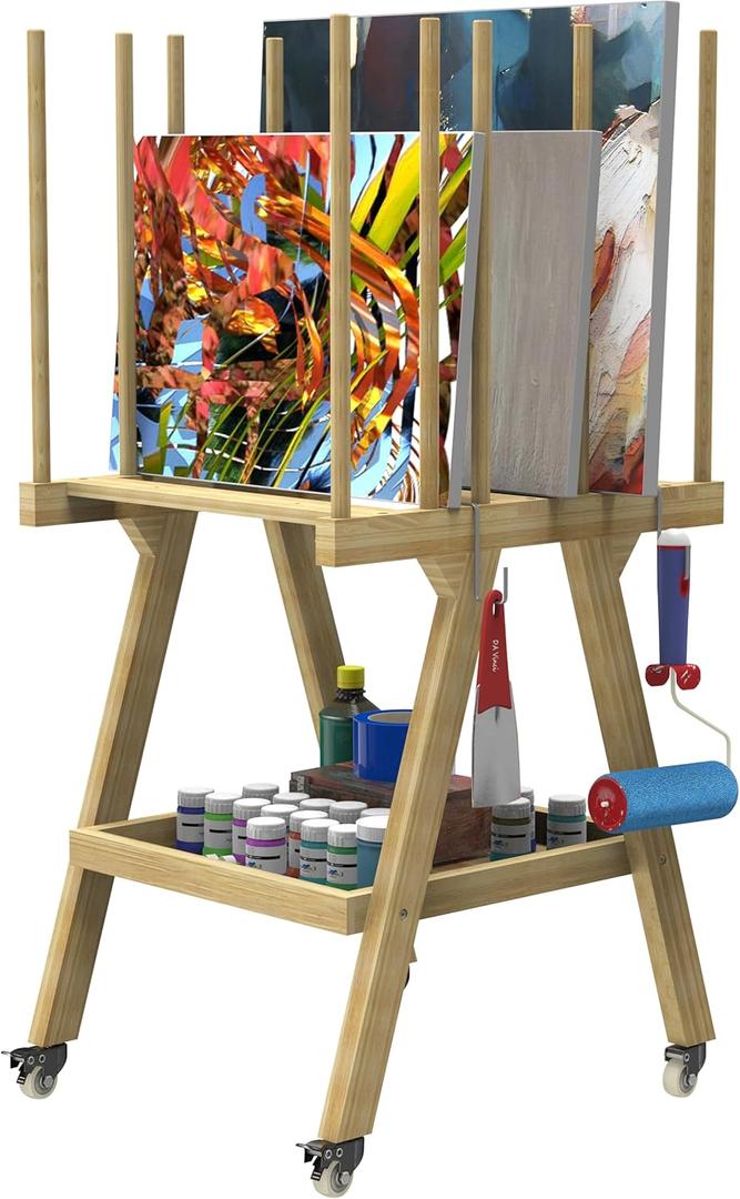 Art Storage Rack with Supply Storage Organizer on Wheels, Art Drying Rack, Artist Gallery Portable Display Rack for Posters, Artwork, Prints, Canvas, Panels (Bamboo, 20.7''W x 23.2''D x 47.7''H)