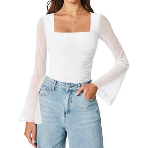Avidlove Bodysuits for Women Long Bell Sleeve Mesh Square Neck Body Suits Going Out Tops Country Concert Outfits (Large, White)