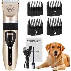 Pilarmuture Dog Grooming Clippers - Low Noise Rechargeable Electric Cat Shaver Shears for All Pets, Dog Trimmer with 4 Guard Combs