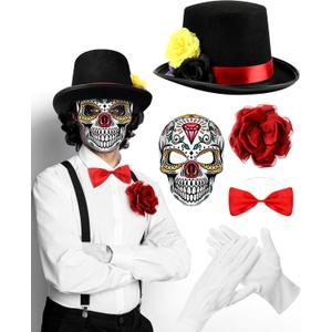 5 Pcs Halloween Day of The Dead Costume Accessories for Men Skeleton Gloves Top Hat Bow Tie Rose Flower Brooch and Bow Tie Skull Full Face Mask for Halloween Dia De Los Muertos Cosplay Party