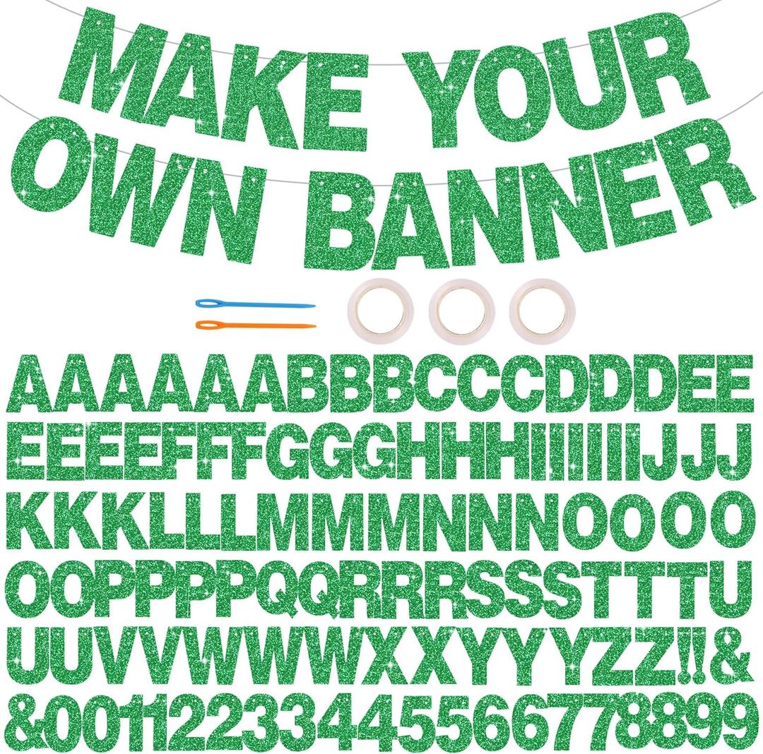 BEISHIDA 116 PCS A-Z DIY Letter Banner Kit Make Your Own Banner Glitter Green Including 111 Letters and Numbers 3 Rope and 2 Threading Device,Customized for Birthday Graduation Wedding Party Decor