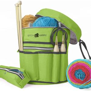Stitch Happy Yarn Storage Bag: 7 Pocket Knitting & Crochet Bag, Green