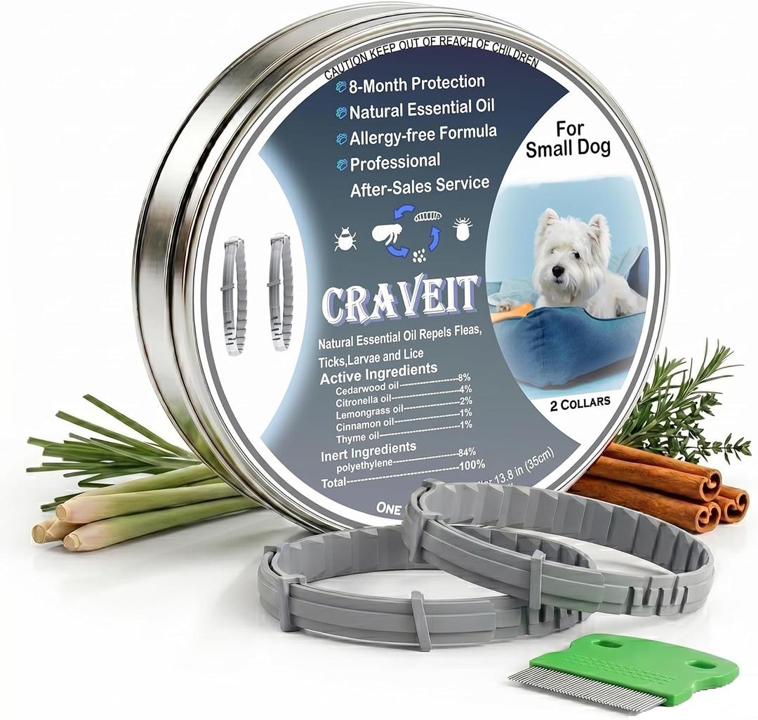 Craveit Dog Flea Collar, 2 Pack Flea Collar for Dogs Small, Gentle Plant-Based Tick Repellent for Small Dog, Waterproof & Adjustable, 8-Month Long-Lasting Defense
