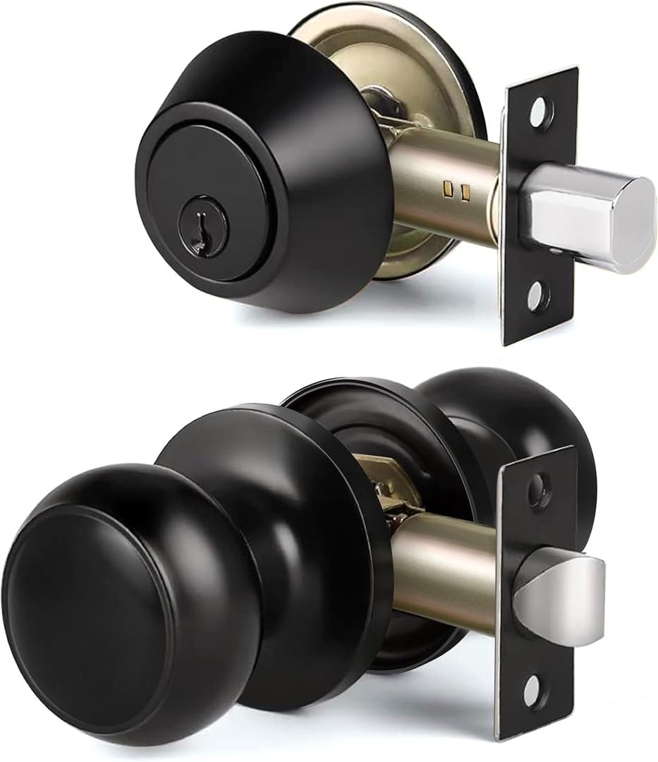 CML Hardware Keyed Entry Deadbolt Door Lock and Passage Knob Combo Set, Single Cylinder Deadbolt Lock with Keys and Non-Locking Knob for Exterior and Interior Door, Matte Black, Pack of 1 