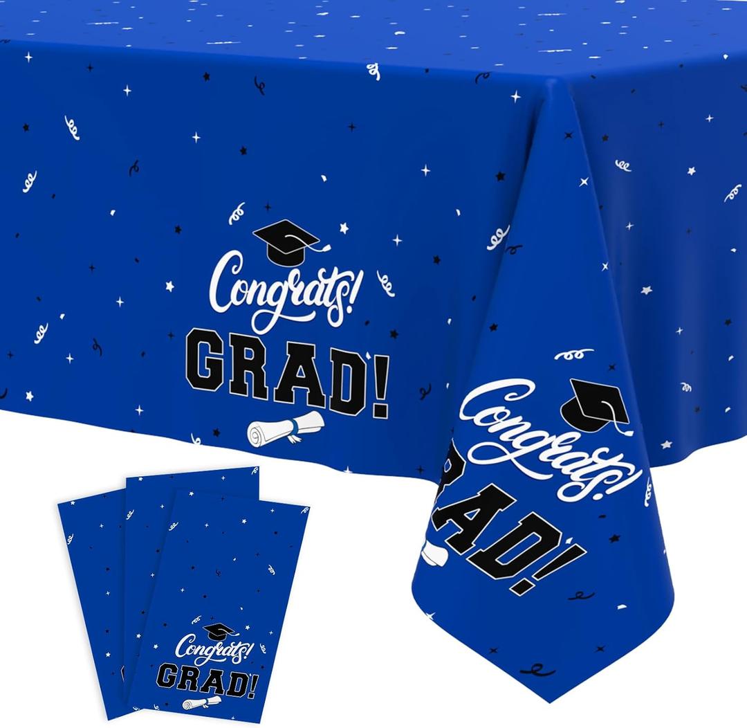 Tbsone Graduation Tablecloth 2026, 3 Pack Disposable Plastic Table Covers 54" x 108", Congrats Grad Party Supplies for College & High School Graduation (Blue)