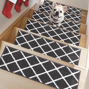 Non-Slip Stair Treads for Wooden Steps Indoor, 15 Pack 9" X 28" Edging Stair Carpet Mat with TPE Backing, 0.4" Thick Stair Runners for Kids Elders & Pets, 100% Polyester Stair Rugs, Black&White