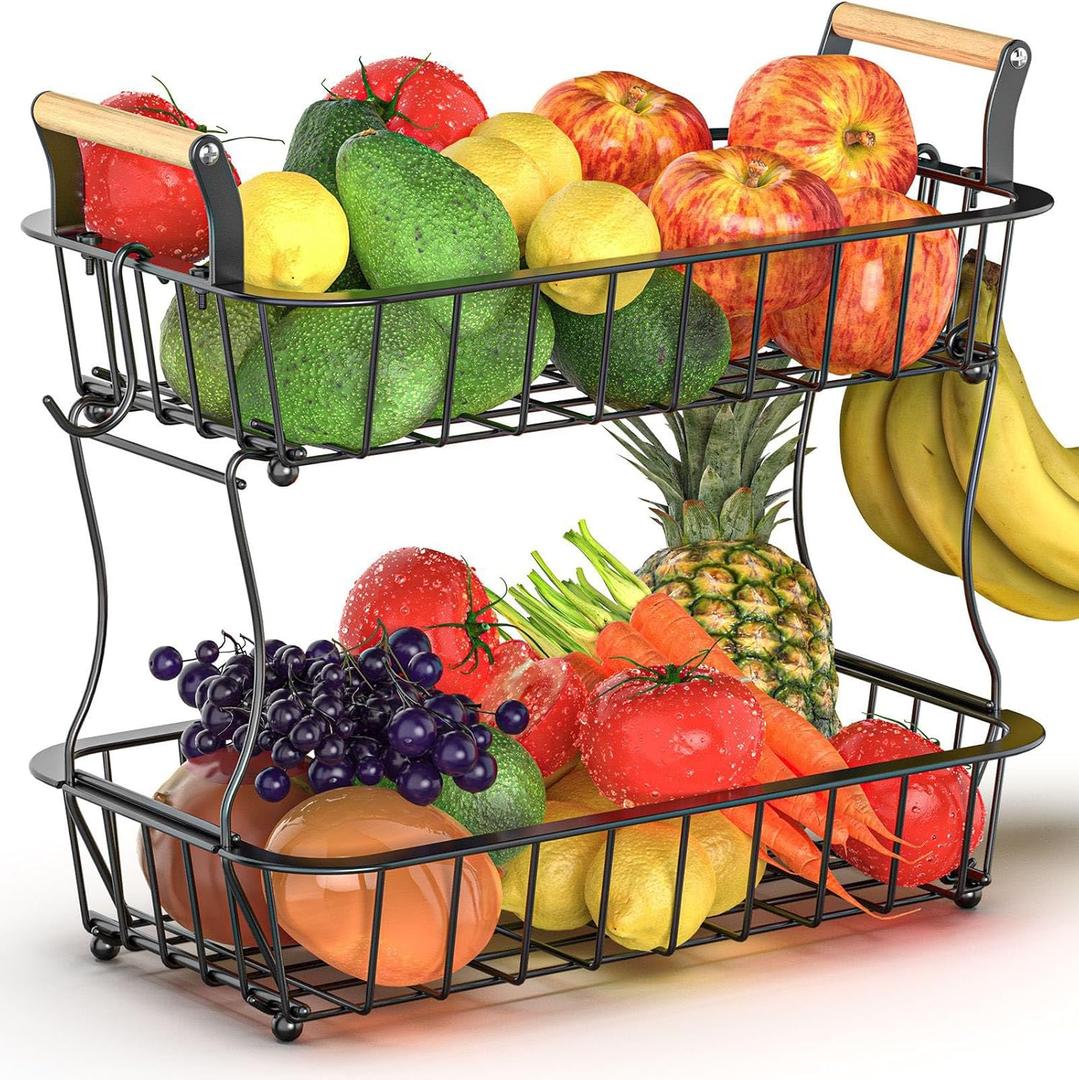 2 Tier Banana Hanger Stand with 2 Hangers, Large Fruit and Vegetable Storage Basket