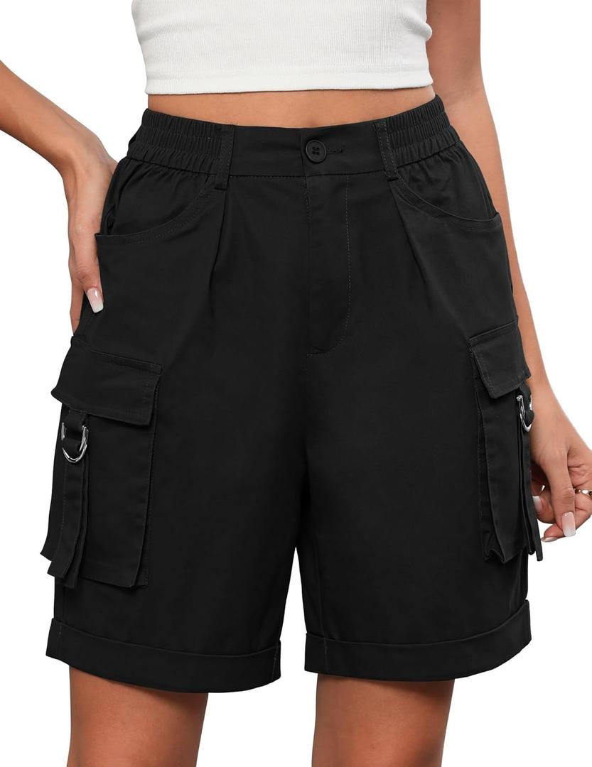 Bermuda Shorts for Women Cargo Cotton Shorts High Waist Knee Length 6 Pockets 2025 Summer Casual (X-Large, Black)