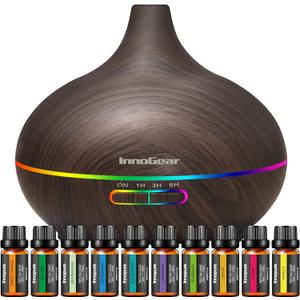 InnoGear Aromatherapy Diffuser & 10 Essential Oils Set, 400ml Diffuser Ultrasonic Diffuser Cool Mist Humidifier with 4 Timers 7 Colors Light Waterless Auto Off for Large Room Office, Dark Wood Grain
