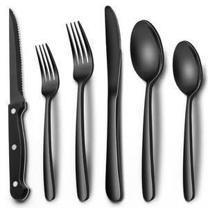 EWFEN 24-Piece Black Silverware Set with Steak Knives, Black Flatware Set for 4, Food-Grade Stainless Steel Tableware Cutlery Set, Mirror Finished Utensil Sets for Home Restaurant, Heavy Duty