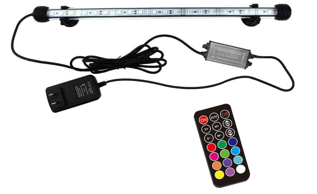 15 inches LED Aquarium Light, 2.5W Fish Tank Light Underwater Light Submersible Crystal Glass Lights, 21 LED Beads 12 Colors 19 Modes Brightness Adjustable Memory Function IP68 Waterproof