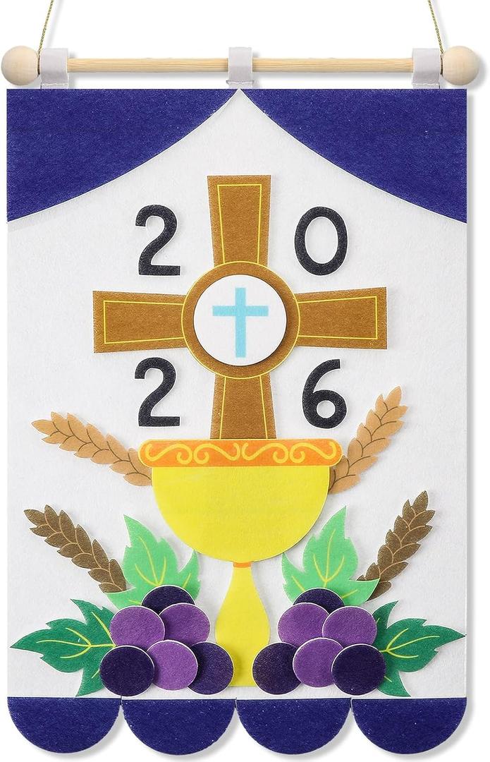 Wettarn First Communion Banner Kit for Boys Girls 9 x 12 Catholic Christian Religious Crafts Felt DIY Holy Communion Banner for Kids Sunday School Church Activity Baptism Party Decoration(Dark Blue)
