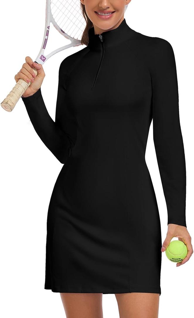 WOWENY Women's Tennis Dress Long Sleeve Golf Dresses with Shorts Zip Front Golf Outfits UPF 50+ Workout Athletic Dresses Black S