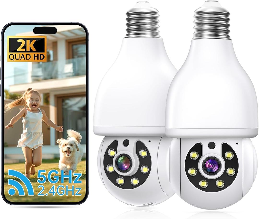2K Light Bulb Security Camera 5G&2.4G WiFi Security Cameras Wireless Outdoor Indoor,360Bulb Cameras for Home Security Outside Indoor,Motion Detection and Alarm,Two-Way Talk,Color Night Vision 2 Pack