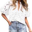 PRETTYGARDEN Women's Summer Tops 2025 Dressy Casual Short Sleeve V Neck Buttons Hollow Out Lace Embroidered Blouses Shirts (White,Small)