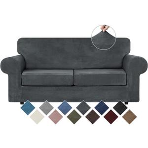 WEERRW Velvet Couch Covers for 2 Cushion Couch Sofa - High Stretch Luxury Velvet Plush 3 Pieces Sofa Slipcovers with Elastic Bottom, Furniture Protector for Pets, Machine Washable, Dark Grey, Medium
