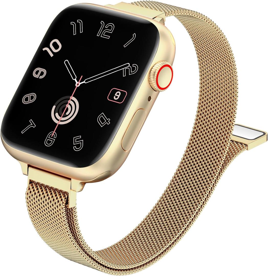 MARGE PLUS Slim Milanese Loop Compatible with Apple Watch Band for Women 38mm/40mm/41mm/42mm(Series 11/10), Stainless Steel Magnetic Mesh Strap work on iWatch Bands Series 11 10 9 8 7 6 5 4 3 & SE 3 2 1 (rich gold)
