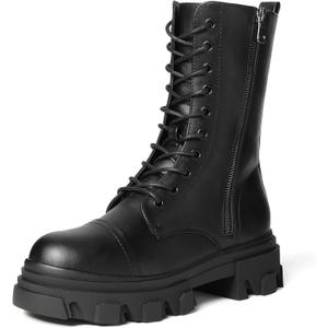 DREAM PAIRS Womens Combat Boots Lace up Mid Calf Boots Low Heel Chunky Platform Lug Sole Boots (8.5, Black/Pu)