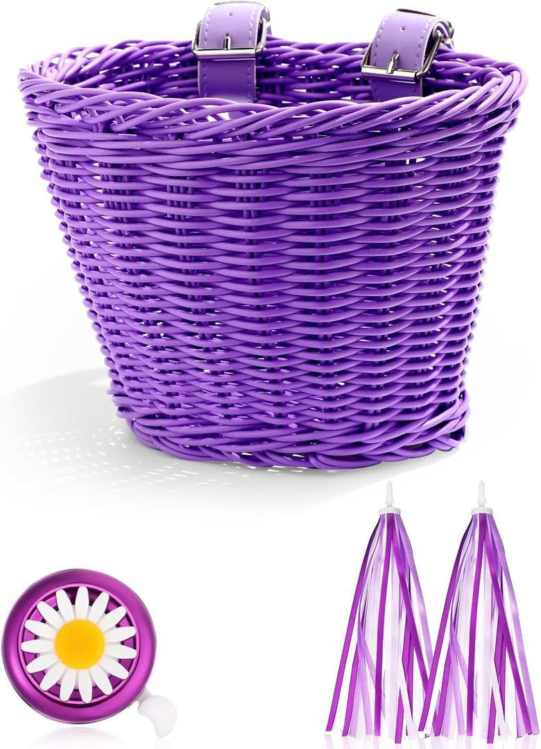 Hestya Kids Bike Basket Set, Wicker Basket, Handlebar Bicycle for Girls Colorful Streamers Daisy Bell Decoration for First of School Back to School Gift (Purple)