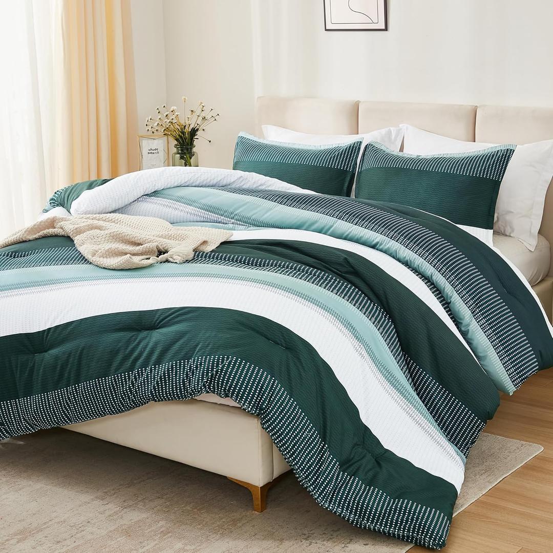 Litanika Dark Emerald Green Bed Comforter Full Set, 3 Pieces Hunter Green Bedding Set, Colorblock Stripe Vintage Style (79x90In Comforter & 2 Pillowcases)