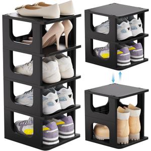 HAIXIN Shoe Organizer Rack for Small Spaces 5 Tier Plastic Vertical Narrow Shelves for Closet Black Shoe Holder, Stand for Entryway Storage Boots Organizer Stackable Cabinet