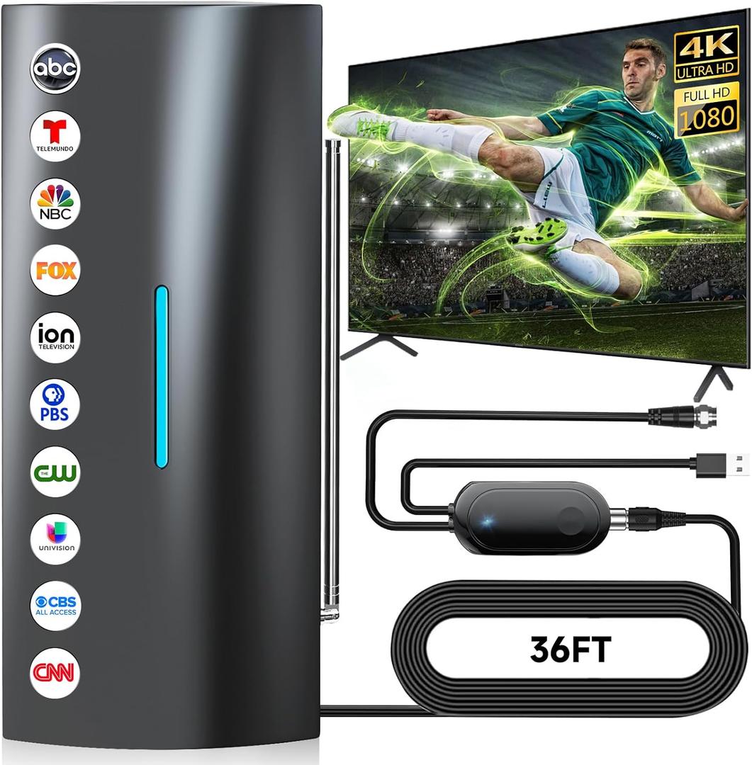 2026 Digital Antenna for Smart TV Indoor with Amplifier, 360 Long Range Reception HD Local Channels -38FT Coax Cable -Supports 8K, 4K, 1080P for Smart/Old TVs