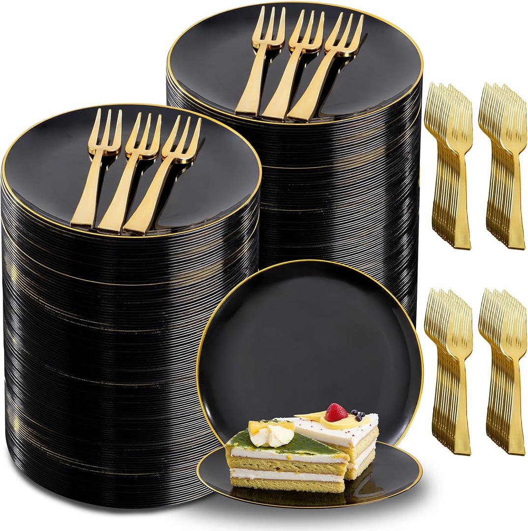 Festiva 400Pcs Black Gold Dessert Plates 6.3" with Forks 5"- 200PCS Small Disposable Dessert/Cake/Appetizer Plates and 200PCS Forks - Serve 200 Guests for Halloween Party&New Year