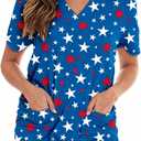 Roshop 4th of July Scrub Tops Women V-Neck Short Sleeve Holiday Themed Patriotic Scrubs L