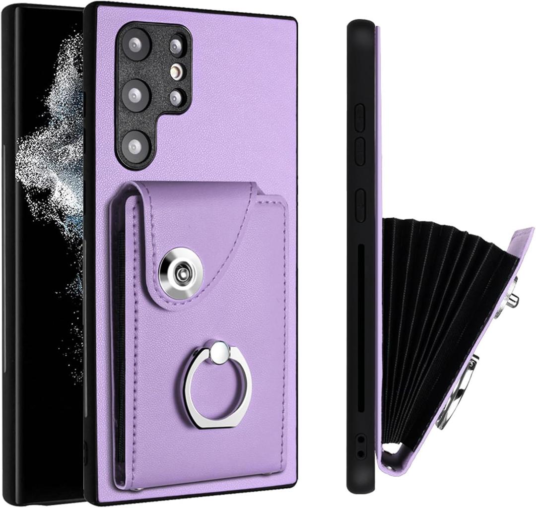 LEMAXELERS for Samsung Galaxy S22 Ultra Case with Card Slots. Purple YBK | PU Leather Magnetic Clasp, Ring Kickstand, Women Men Shockproof Protective Phone Cover for Samsung Galaxy S22 Ultra