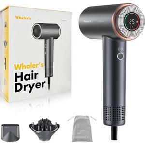 WHALER'S Professional Hair Dryer Ionic 1400W Fast Drying, 4 Speed/Heat Settings & Cool Shot, Dual Voltage for Travel, Includes Diffuser+Concentrator+Replacement Brush (1.4kW, 120V-240V) (Black)
