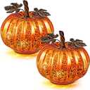 2 Pcs Fall Thanksgiving Glass Pumpkin Halloween Light up Lit Mercury Glass Pumpkins Light with Timer LED Battery Operated for Home Table Decor Centerpieces Kitchen